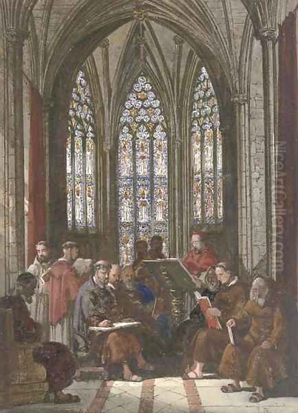 Monks reading in the vestry Oil Painting by Samuel A. Rayner