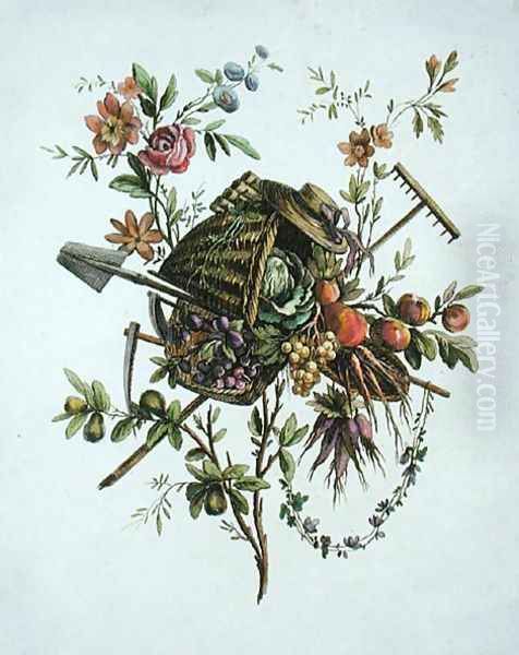 A garden textile design, from Oeuvre contenant un Receuil de Trophees, Attributs, Cartouches, Vases, Fleurs, Ornemens, et Plusieurs Dessins agreeables pour broder les Fauteuils, engraved by Etienne Claude Voysard 1746-1816 2 Oil Painting by Ranson, Pierre