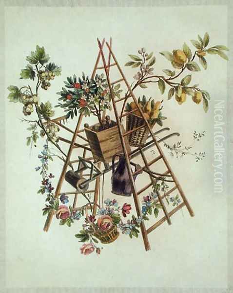 A garden textile design , from Oeuvre contenant un Receuil de Trophees, Attributs, Cartouches, Vases, Fleurs, Ornemens, et Plusieurs Dessins agreeables pour broder des Fauteuils, engraved by Etienne Claude Voysard 1746-1816 Oil Painting by Ranson, Pierre