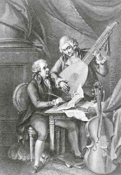 Portrait of Franz Joseph Haydn 1732-1809 and Wolfgang Amadeus Mozart 1756-91 composing music for the lute, engraved by Michele Benedetti 1745-1810 Oil Painting by John Francis Rigaud