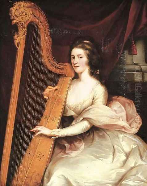 Portrait of Lady Jane Mildmay, seated three-quarter-length, in a white silk dress playing the harp Oil Painting by John Francis Rigaud