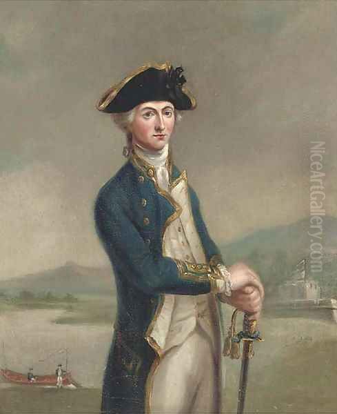 Portrait of Captain Horatio Nelson, three-quarter-length, standing before the captured Spanish Fort San Juan, Nicaragua Oil Painting by John Francis Rigaud