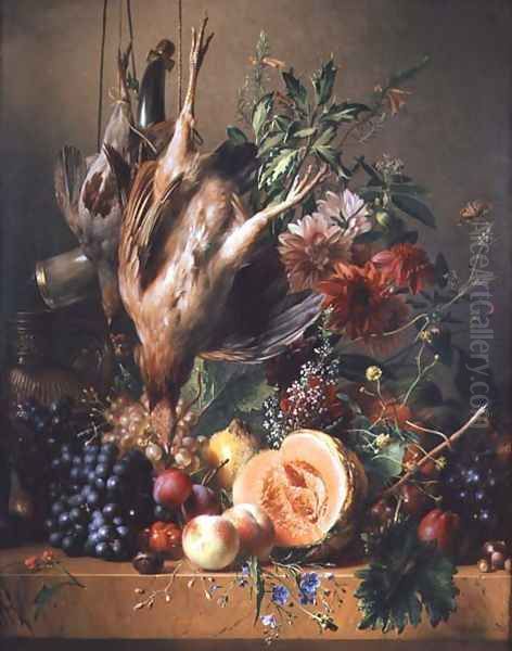 Partridges, grapes, plums, peaches, a melon and chrysanthemums on a ledge Oil Painting by Hendrik Reekers