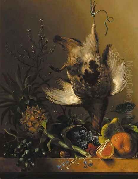 A still life with flowers, tropical fruit and a partridge Oil Painting by Hendrik Reekers