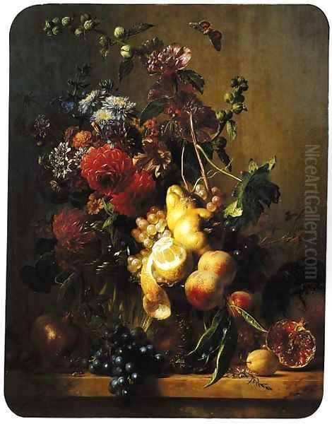 A still life with dahlias, hollyhocks and other flowers in a glass vase and fruit on a gilt tazza Oil Painting by Hendrik Reekers