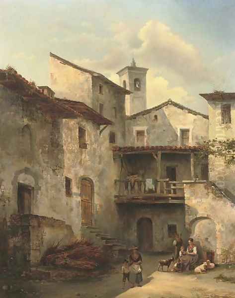 A courtyard in an Italian village Oil Painting by Felice A. Rezia