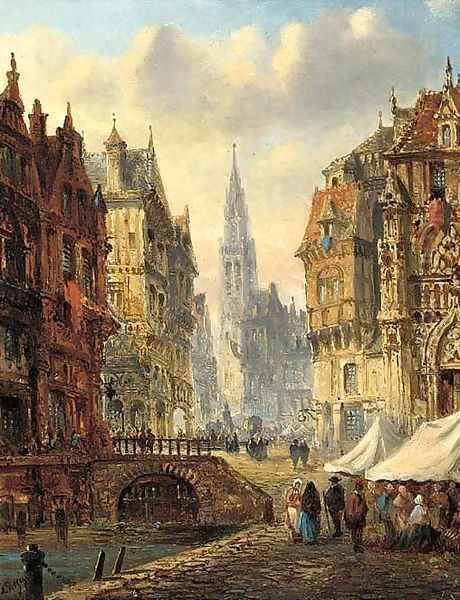 Figures by a canal in a Continental market town Oil Painting by Felice A. Rezia