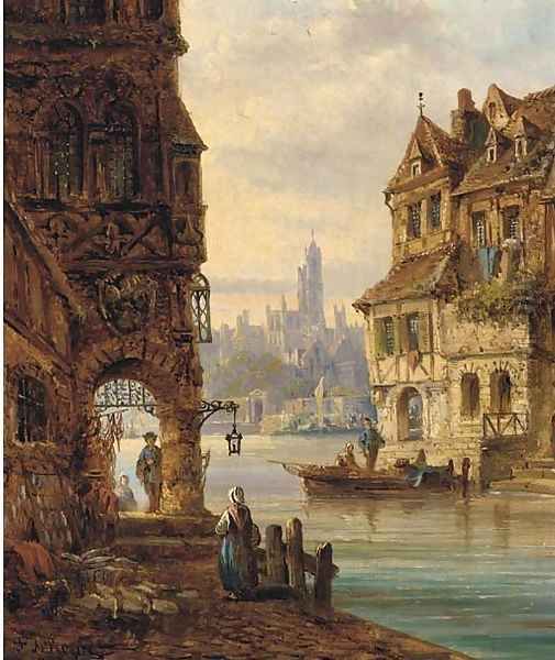 Street sellers at the quay, a Continental town Oil Painting by Felice A. Rezia