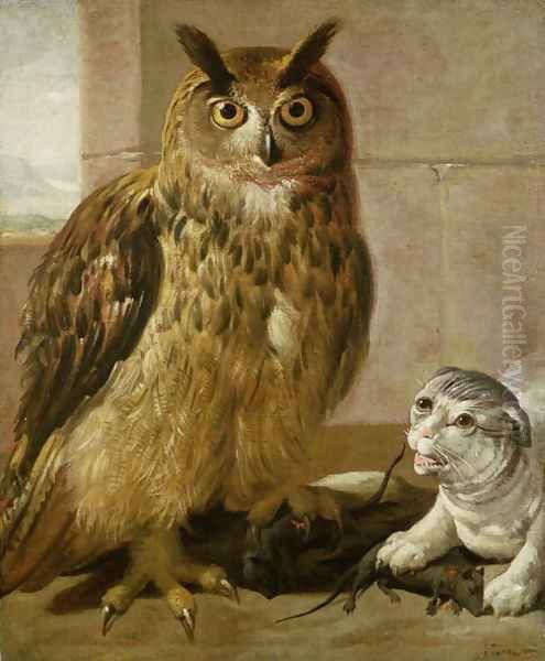 Eagle Owl and Cat with Dead Rats Oil Painting by Johann Heinrich Roos