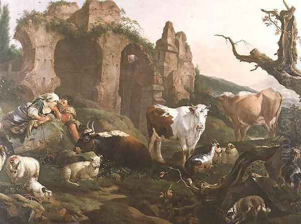 Lovers in a Classical Landscape with Animals Oil Painting by Johann Heinrich Roos