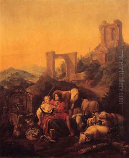 A shepherd couple embracing by a fountain, classical ruins on a hilltop beyond, in an Italianate landscape Oil Painting by Johann Heinrich Roos