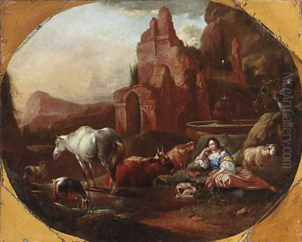 An italianate landscape with a shepherdess resting by a fountain Oil Painting by Johann Heinrich Roos