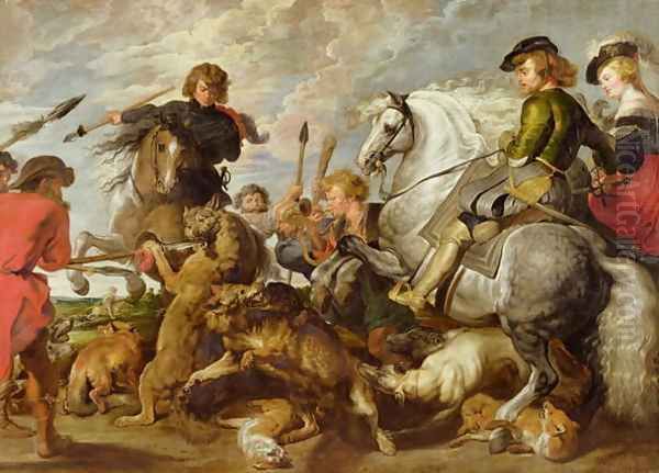 Rubens his Second Wife and Son in a Wolf and Foxhunt, after an original by Rubens Oil Painting by (studio of) Rubens, Peter Paul