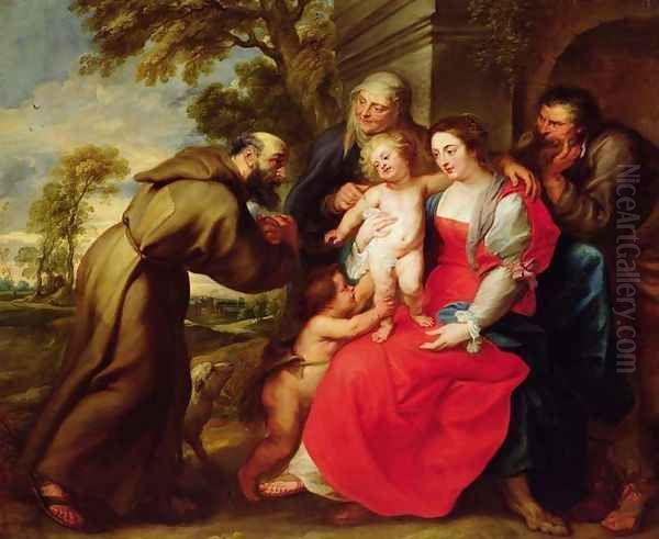 Holy Family with St. Francis, c.1625 Oil Painting by (studio of) Rubens, Peter Paul