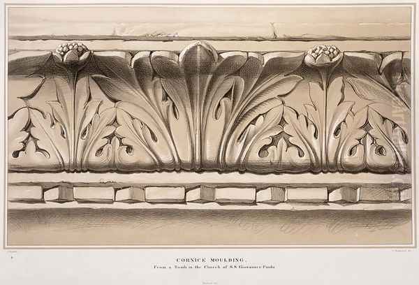 Cornice Moulding, From a Tomb in the Church of S.S. Giovanni e Paolo, from Examples of the Architecture of Venice by John Ruskin, engraved by G. Rosenthal, 1851 Oil Painting by John Ruskin