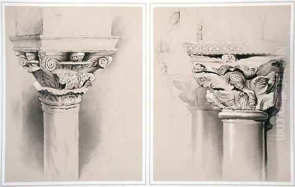 Torcello, Capital of Nave Pillar and St. Mark's, Capital from Central Porch, from Examples of the Architecture of Venice by John Ruskin, engraved by G. Rosenthal, 1851 Oil Painting by John Ruskin