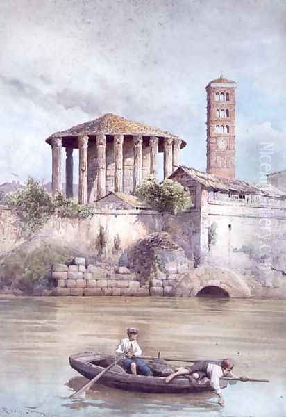 The Temple of Hercules from the River Tiber, Rome Oil Painting by Ettore Roesler Franz