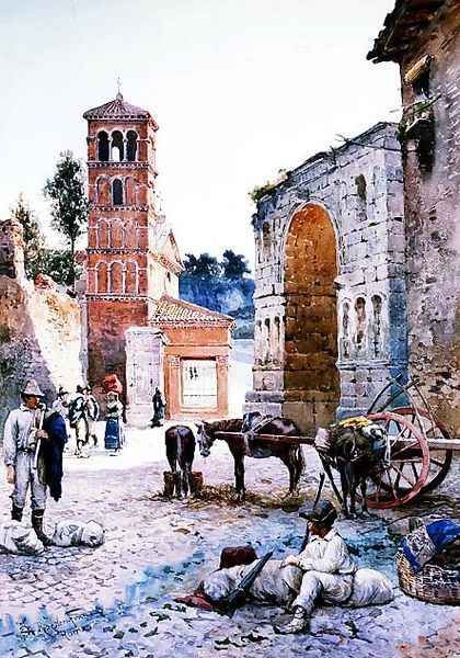 Figures in a Roman Square by an Arch Oil Painting by Ettore Roesler Franz