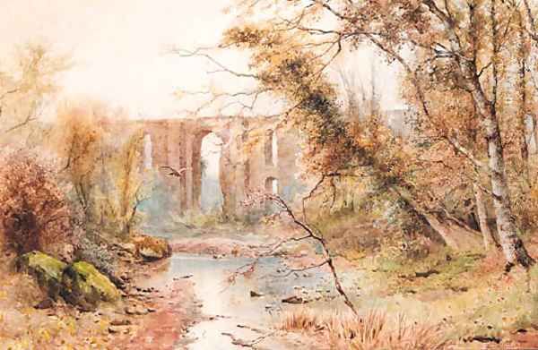 A Roman Aqueduct crossing a River in the Country Oil Painting by Ettore Roesler Franz