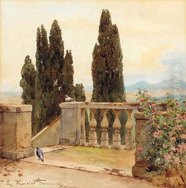 On the terrace at the Villa D'Este, Tivoli Oil Painting by Ettore Roesler Franz