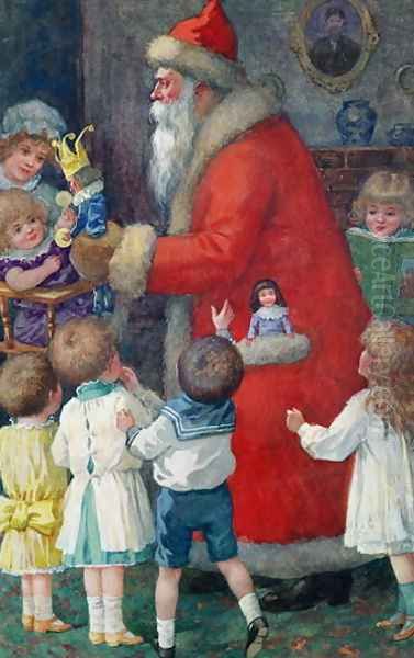 Father Christmas with Children Oil Painting by Karl Roger