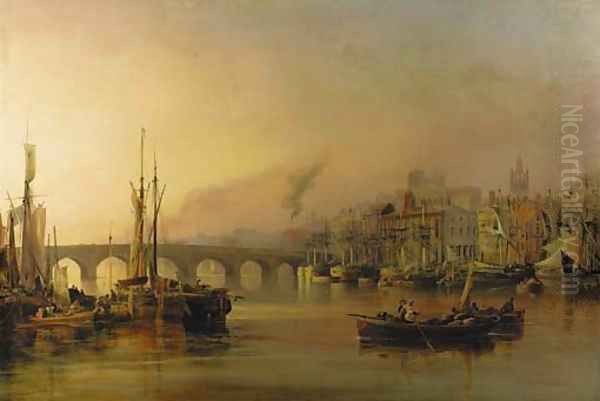 View of Newcastle from the River Tyne, with shipping in the foreground Oil Painting by Thomas Miles Richardson