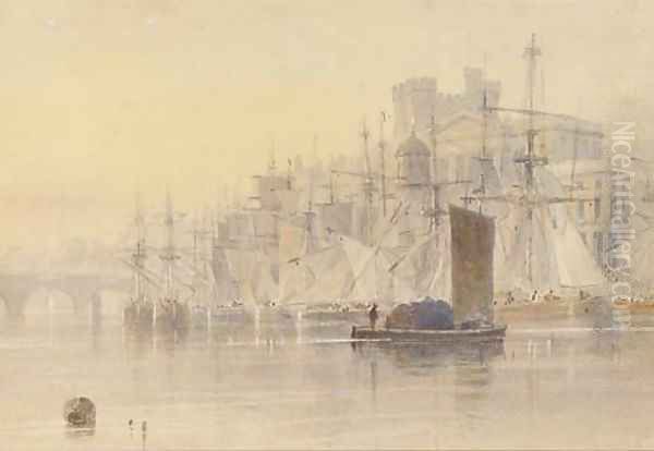 Trading vessels moored at the quayside, Newcastle-upon-Tyne Oil Painting by Thomas Miles Richardson