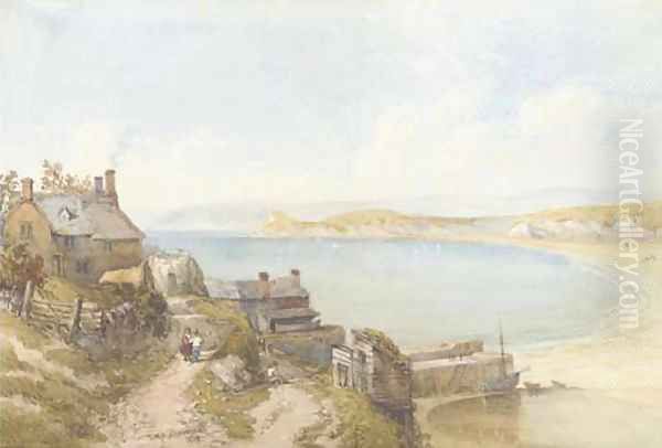 Figures on a coastal path, with boats in the bay beyond Oil Painting by Thomas Miles Richardson