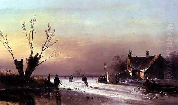 An Evening Scene on Ice Oil Painting by Nicholas Jan Roosenboom