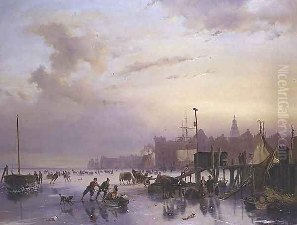 A winter river landscape with numerous skaters Oil Painting by Nicholas Jan Roosenboom