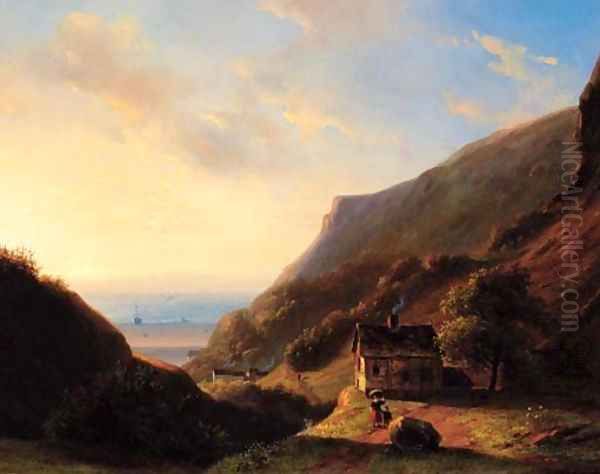 A coastal landscape at sunset Oil Painting by Nicholas Jan Roosenboom