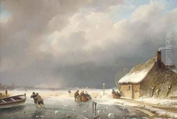 Skaters on a frozen river 2 Oil Painting by Nicholas Jan Roosenboom