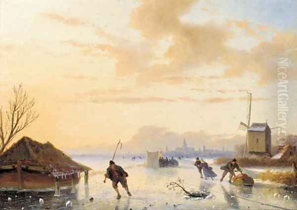 Skaters on a frozen river Oil Painting by Nicholas Jan Roosenboom