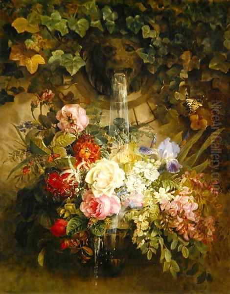 Flowers under a lion fountain Oil Painting by Auguste Wilhelmine Reichelt