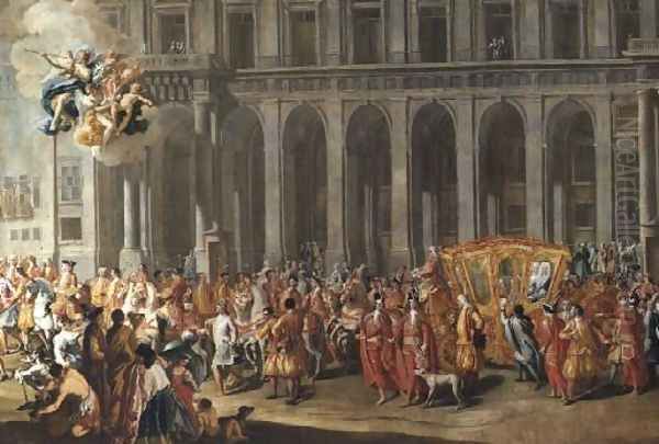 The Departure of Alois Thomas von Harrach, Viceroy of Naples 1669-1742 from the Palazzo Reale di Capodimonte Oil Painting by Nicolo Maria Russo or Rossi