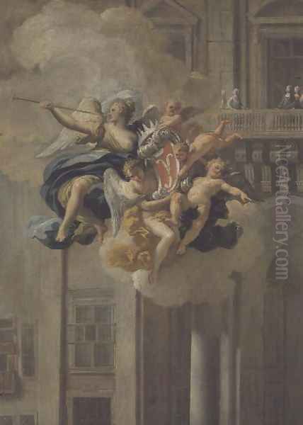 Fame bearing the coat of arms of the House of Harrach Oil Painting by Nicolo Maria Russo or Rossi