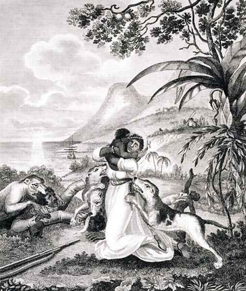 Blood Hounds attacking a Black Family in the Woods, from 'An Historical Account of the Black Empire of Haiti', by Marcus Rainsford, engraved by Inigo Barlow fl.1790, published 1805 Oil Painting by Marcus Rainsford