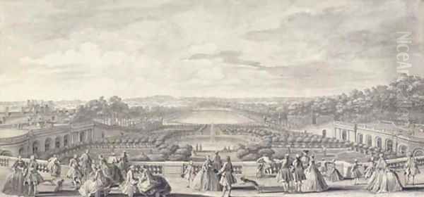 Vue de L'Orangerie de Versailles, prise de la balustrade au bord de la terrasse du chateau Oil Painting by Jacques Rigaud