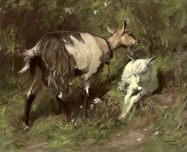 A goat with her kid Oil Painting by James Riddel