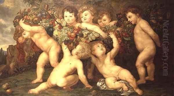 Putti playing with garlands of fruit Oil Painting by Peter Paul Rubens