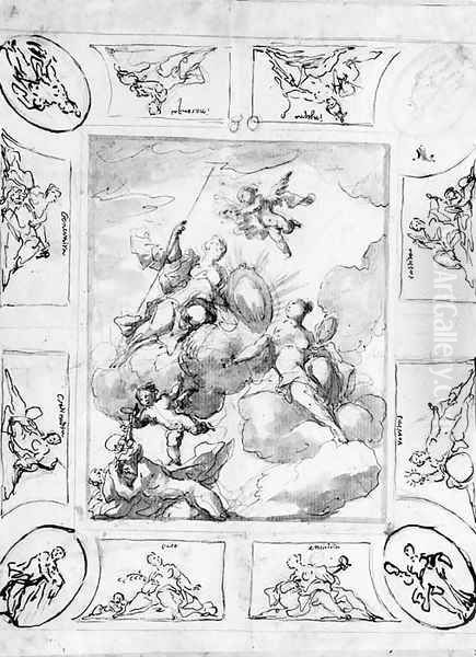 An Allegorical Ceiling Design Minerva And Other Figures Holding A Portrait Cartouche Surrounded By Twelve Compartments Oil Painting by Johann Michael Rottmayr