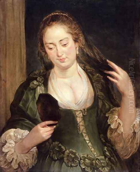 Girl with Mirror Oil Painting by (follower of) Rubens, Peter Paul