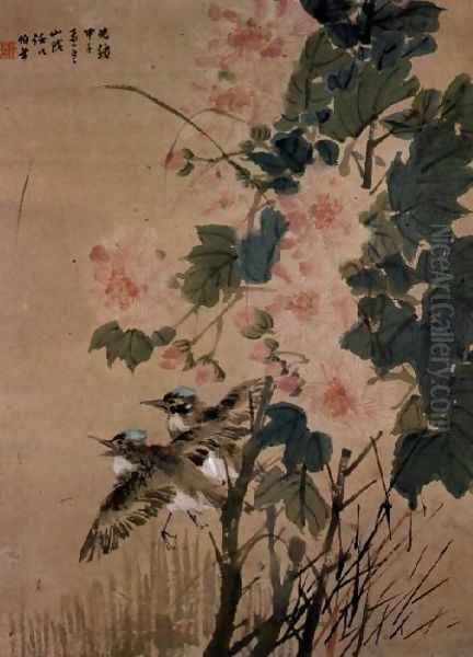 Birds on a flowering bush Oil Painting by Yi (Ren Bonian) Ren