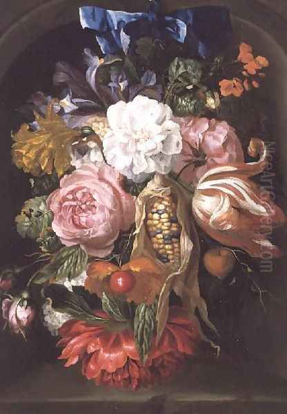 Still Life with a Swag of Fruit and Flowers hanging in a Niche Oil Painting by Jacob Rootius