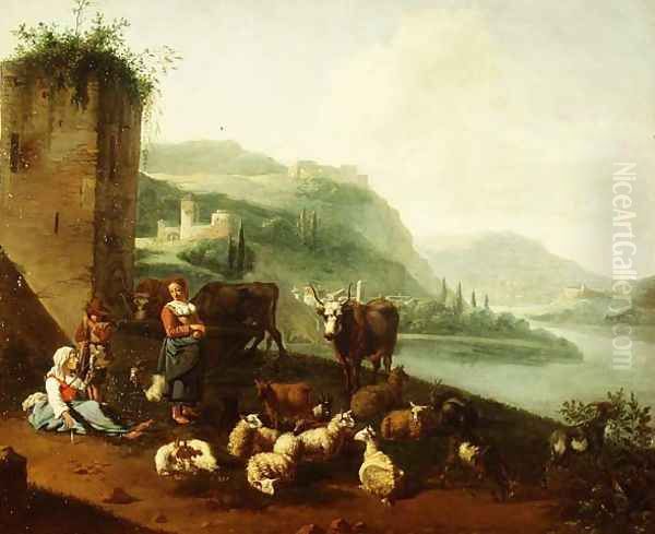 An Italianate landscape with peasants, cattle, sheep and goats by a fountain Oil Painting by Willem Romeyn