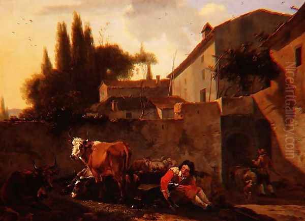 A Shepherd and cattle in the courtyard of an Italian farm Oil Painting by Willem Romeyn