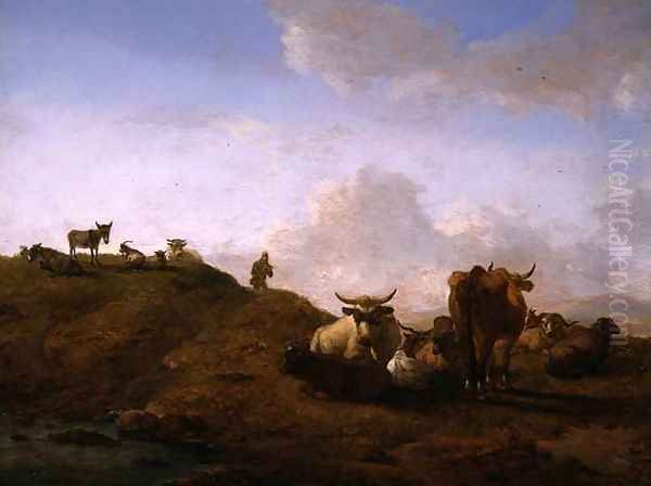 Cattle and Sheep in a Landscape Oil Painting by Willem Romeyn