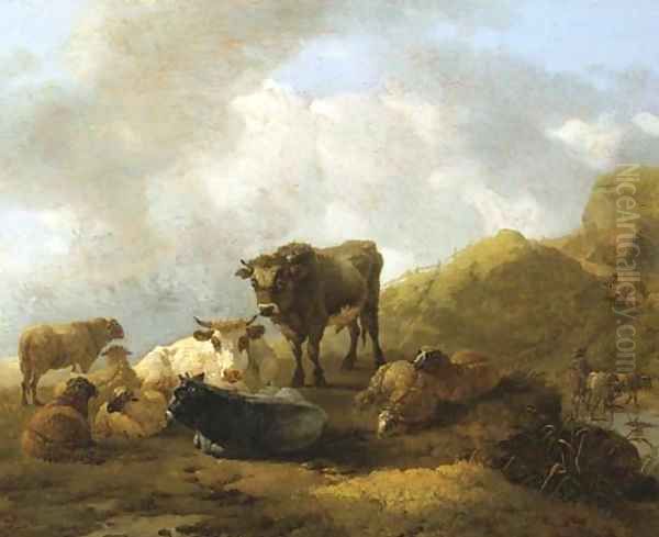 An Italianate mountainous landscape with cattle and sheep in the foreground Oil Painting by Willem Romeyn