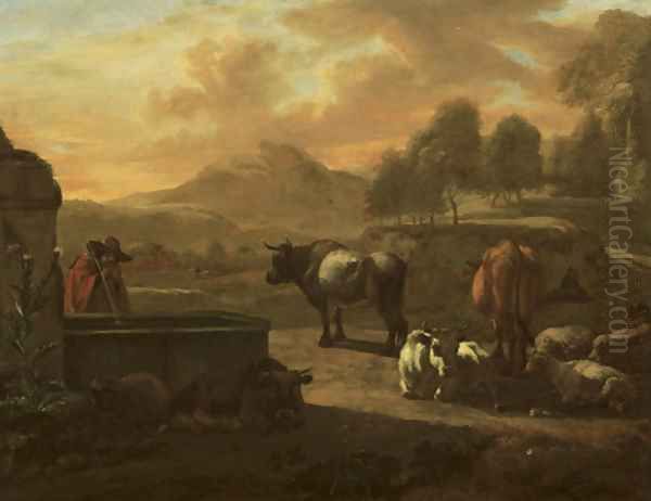 An Italianate landscape with a herdsman drinking from a fountain, his cattle and sheep nearby Oil Painting by Willem Romeyn