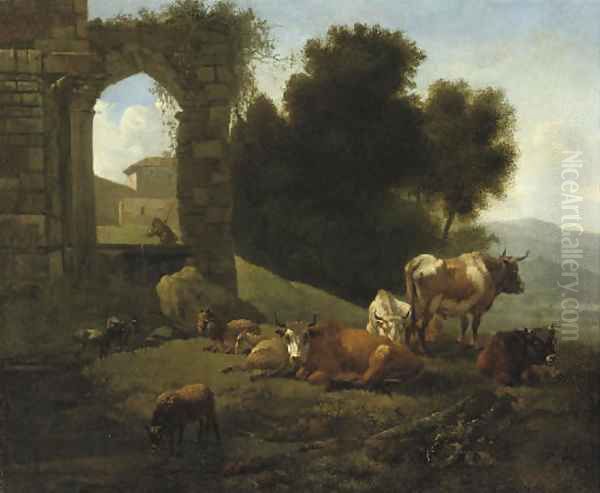 Cattle and sheep by a ruined church in an Italianate landscape Oil Painting by Willem Romeyn